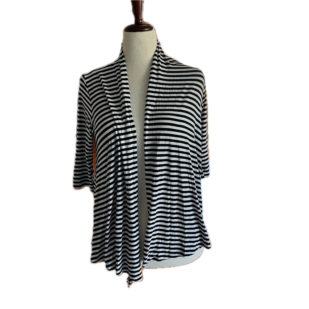 Basic Thread Striped Cardigan S Black White Draped Open Front 3/4 Sleeve
